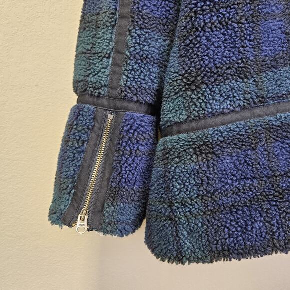 Faherty Montana Faux Shearling Coat Plaid Asymmetric Zip Moto Blue Sherpa XL - Picture 11 of 16